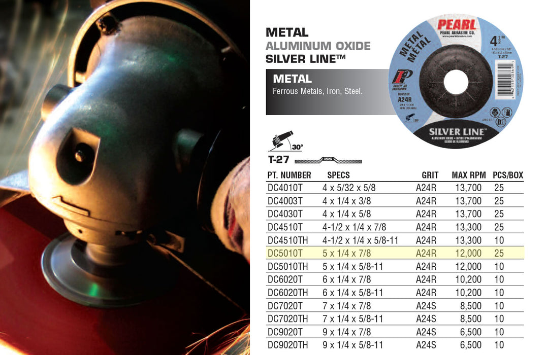 Pearl Silverline DC5010T 5" x 1/4" x 7/8" Depressed Center Grinding Wheels (Pack of 25)