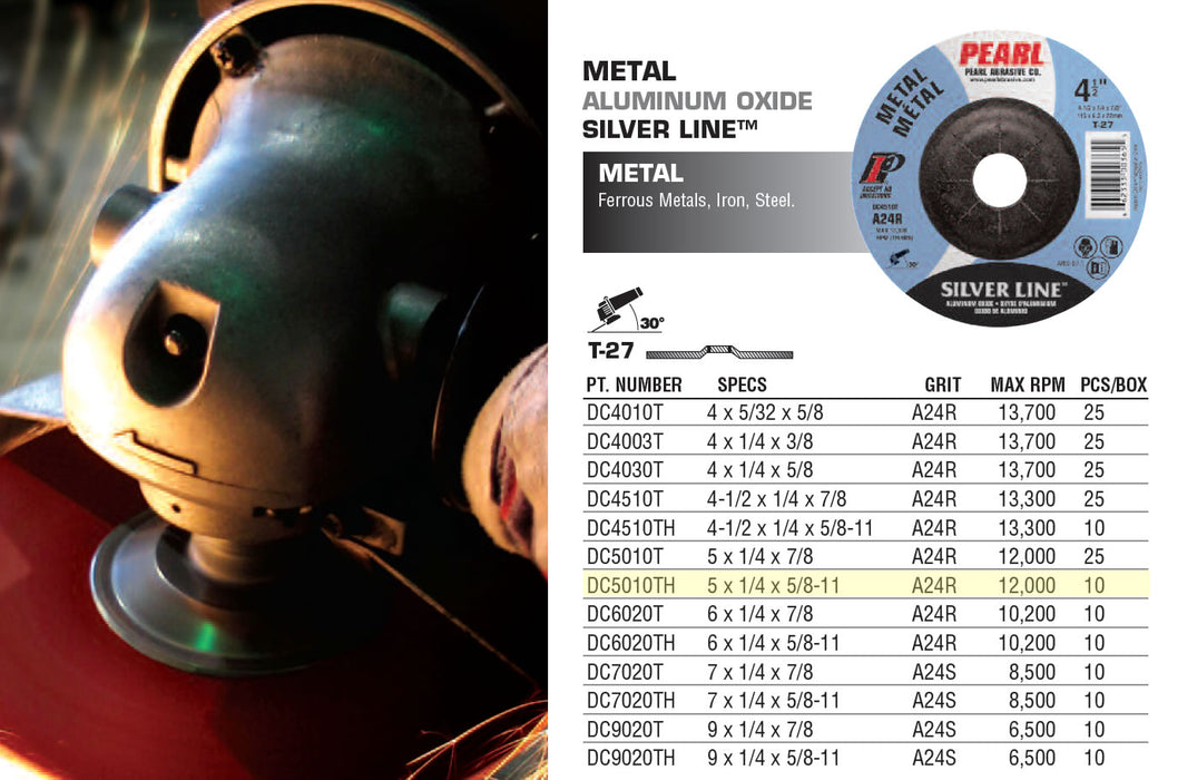 Pearl Silverline DC5010TH 5" x 1/4" x 5/8-11" Depressed Center Grinding Wheels (Pack of 10)
