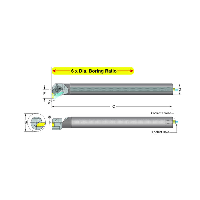 Dorian Tool E08R-NEL-2 Carbide Shank Indexable Threading Bar, 59956