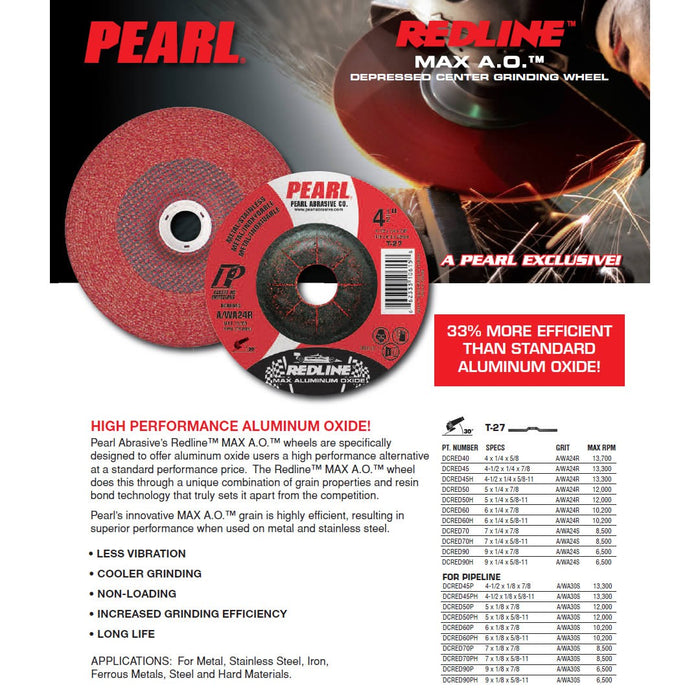 Pearl Redline DCRED70P 7 x 1/8 x 7/8  MAX A.O. Type 27 Pipeline Grinding Wheels (Pack of 10)