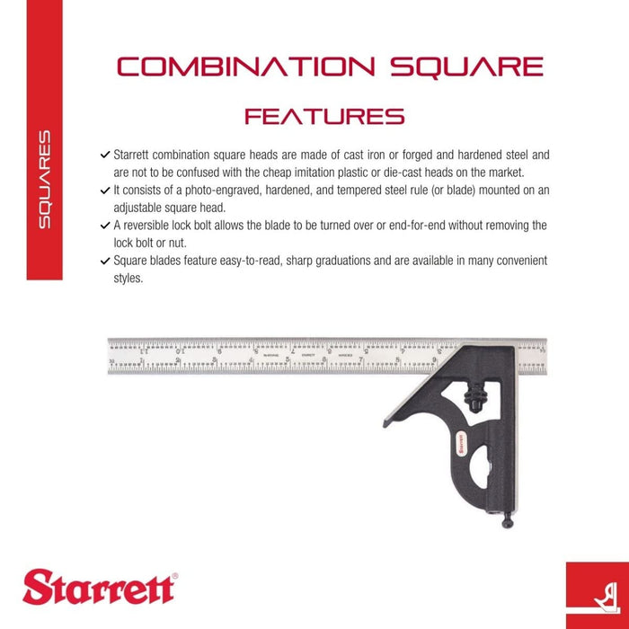 Starrett 2-Piece, 12" Combination Square Set, 4R Graduation Type, C11H-12-4R