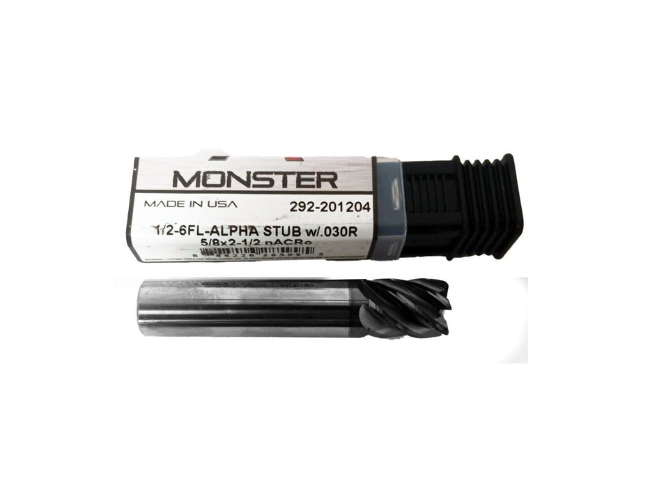 Monster 1/2" 6 Flute Carbide CR Stub Endmill 1/2" Shank .03" CR, 292-201204
